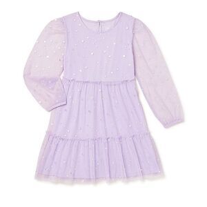 Wonder Nation Girl Foil Mesh Dress lavender long sheer sleeves-L 10/12 NWOT